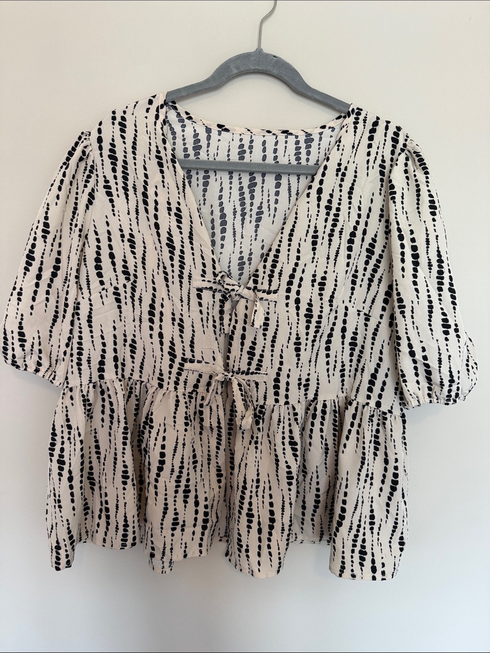 Tie-Front Peplum Blouse in Cream with Black Dot Stripe